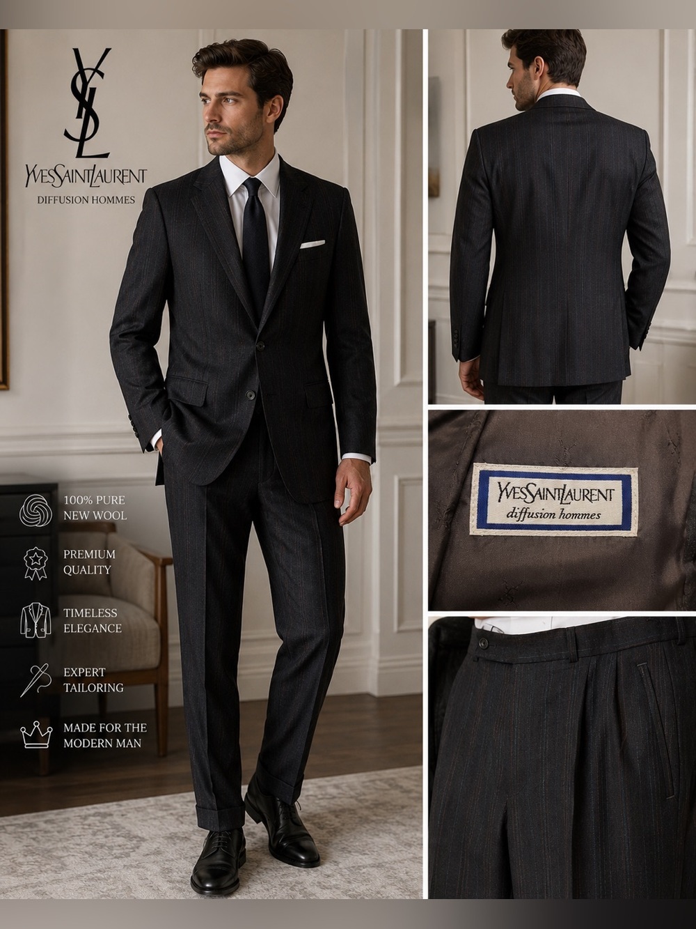 Vintage Yves Saint Laurent Diffusion Hommes 100% Pure Wool Charcoal Suit - 36x30